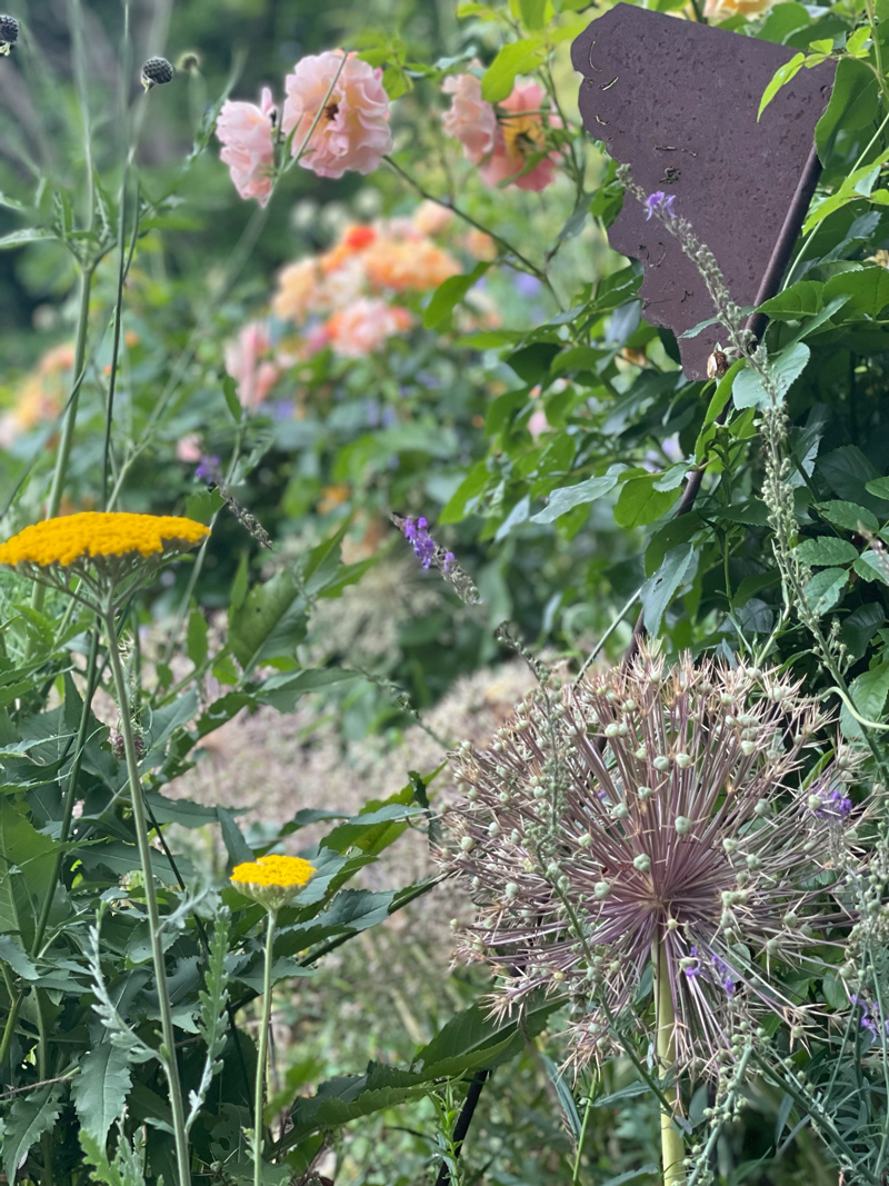 Kunstobjekt zwischen Rosen, Stauden und Zierlauch