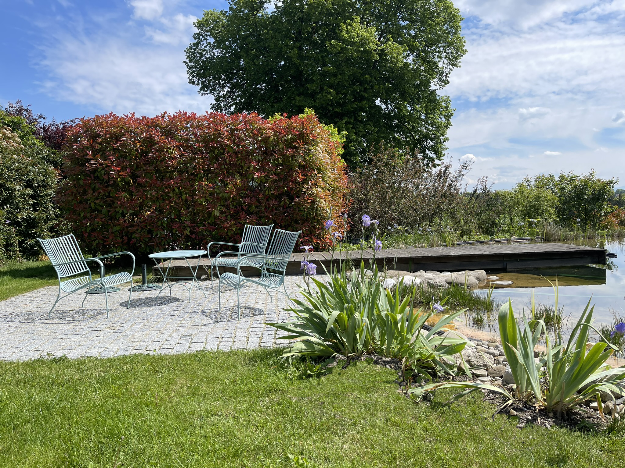 Sitzplatz am Naturteich mit Blick in den Garten und die Landschaft