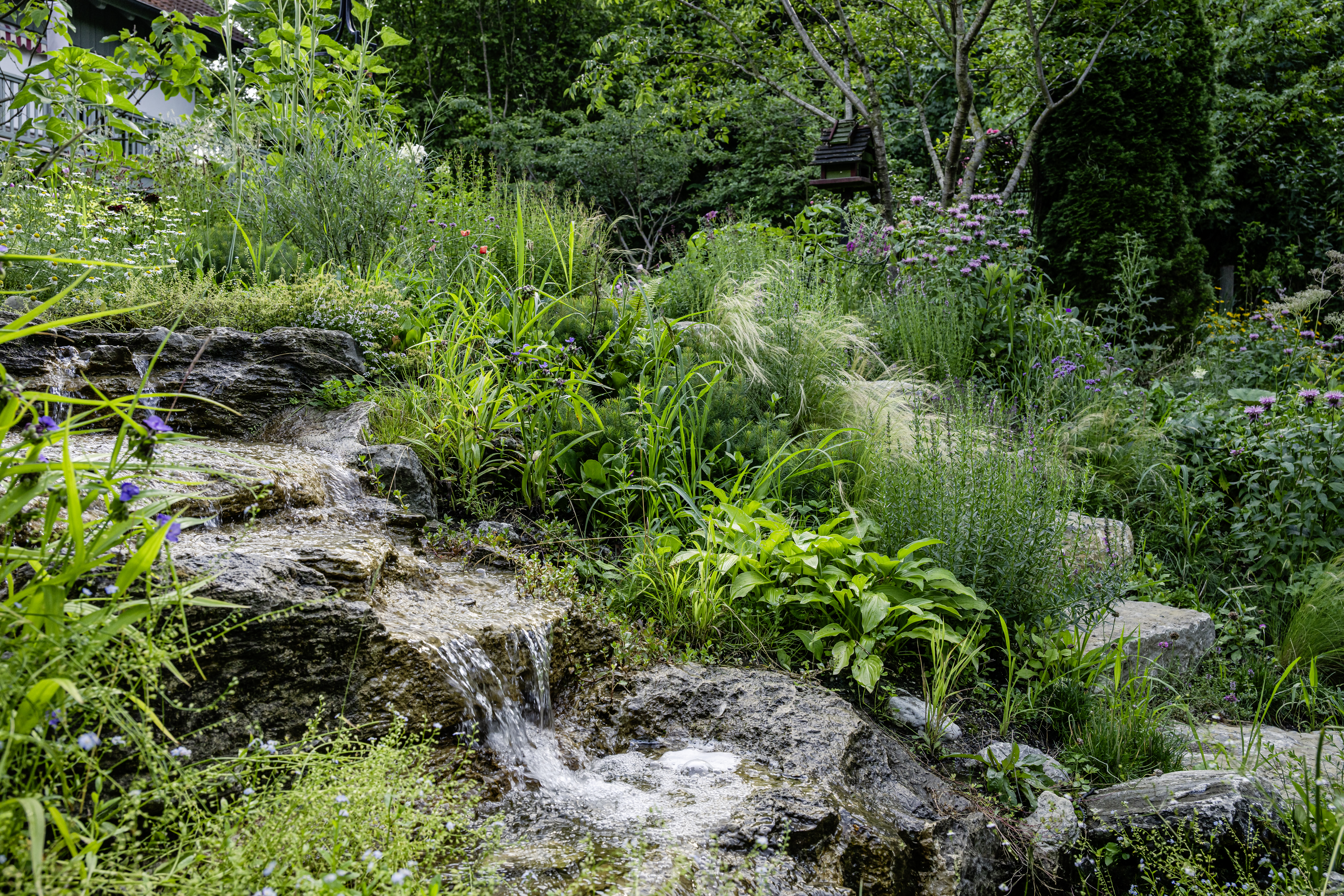 Naturnaher Wasserlauf aus Muschelkalk im Garten Windach
